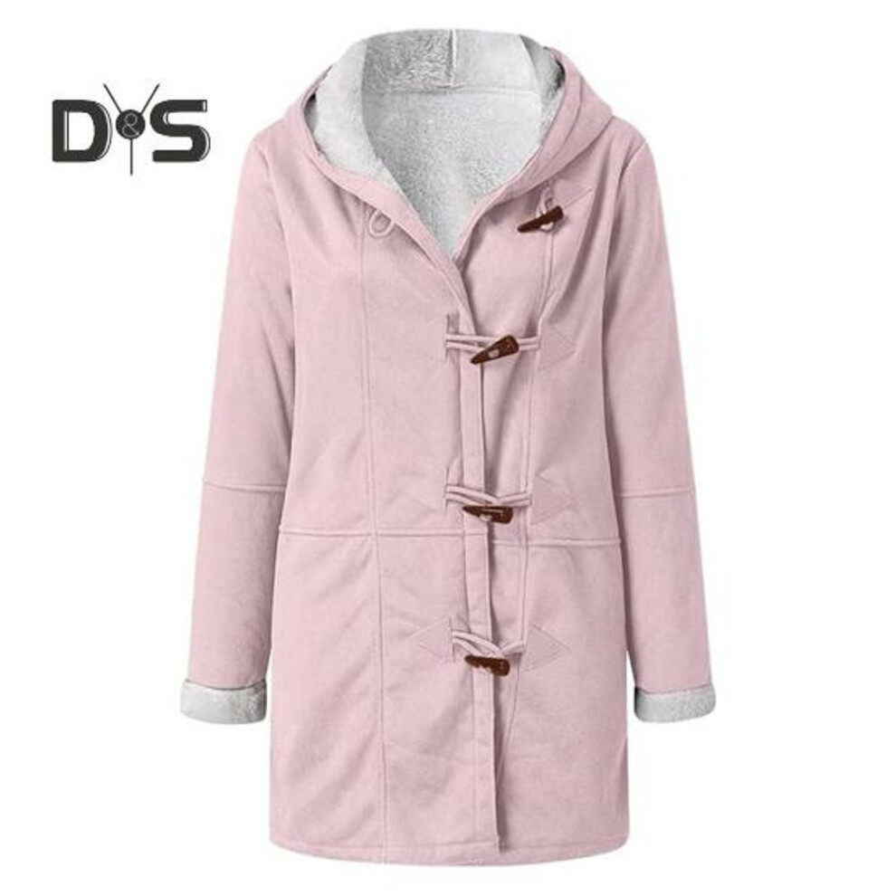 (pink, XXXXL) Lady Winter Coat with Hood And Pockets Thickened Fleece-lined Faux Suede Mid Length Thermal Jacket Long Sleeve Outdoor Casual Outerwear