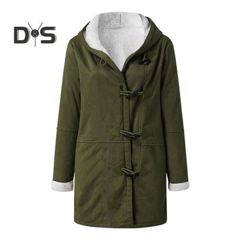 (green, M) Lady Winter Coat with Hood And Pockets Thickened Fleece-lined Faux Suede Mid Length Thermal Jacket Long Sleeve Outdoor Casual Outerwear