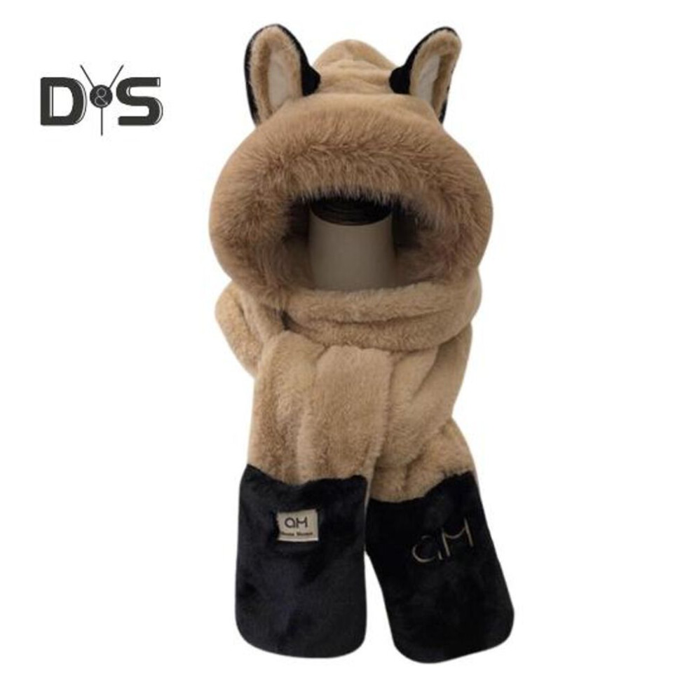 (khaki) Women Winter Scarf Hat With Gloves 3-in-1 Design Thick Plush Fox Ear Decor Fuzzy Faux Fur Full Protection Windproof Outdoor Activities Photo Prop