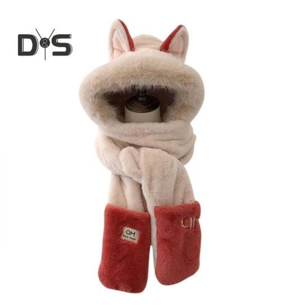 (red) Women Winter Scarf Hat With Gloves 3-in-1 Design Thick Plush Fox Ear Decor Fuzzy Faux Fur Full Protection Windproof Outdoor Activities Photo Prop