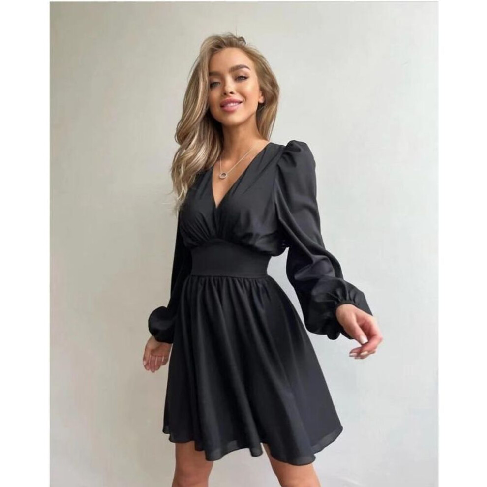 (black, XL) Women's Spring Temperament V-neck Long Sleeve Dress Fashion High Waist Casual Dress