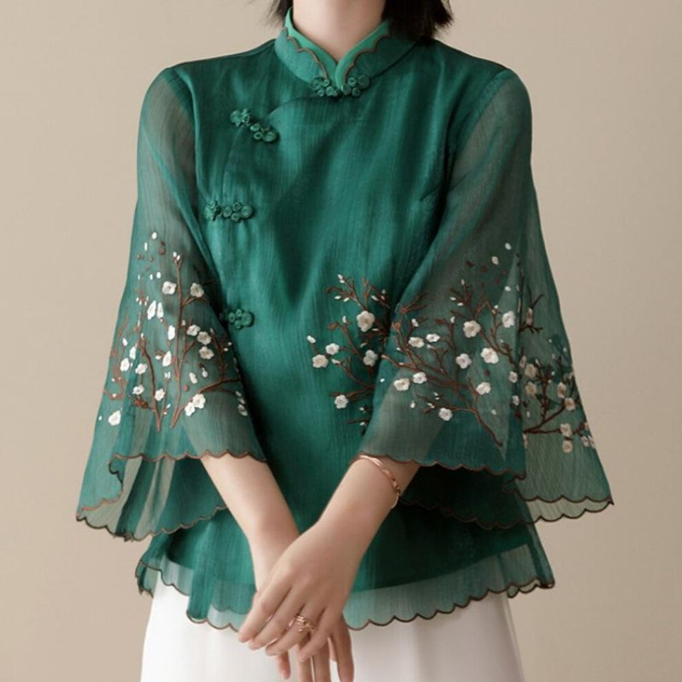 (XXXL, green) Chinese Style Embroidered Blouse Modified Cheongsam Stand Collar Bat Sleeve Loose Top Vintage Temperament Women's Clothing