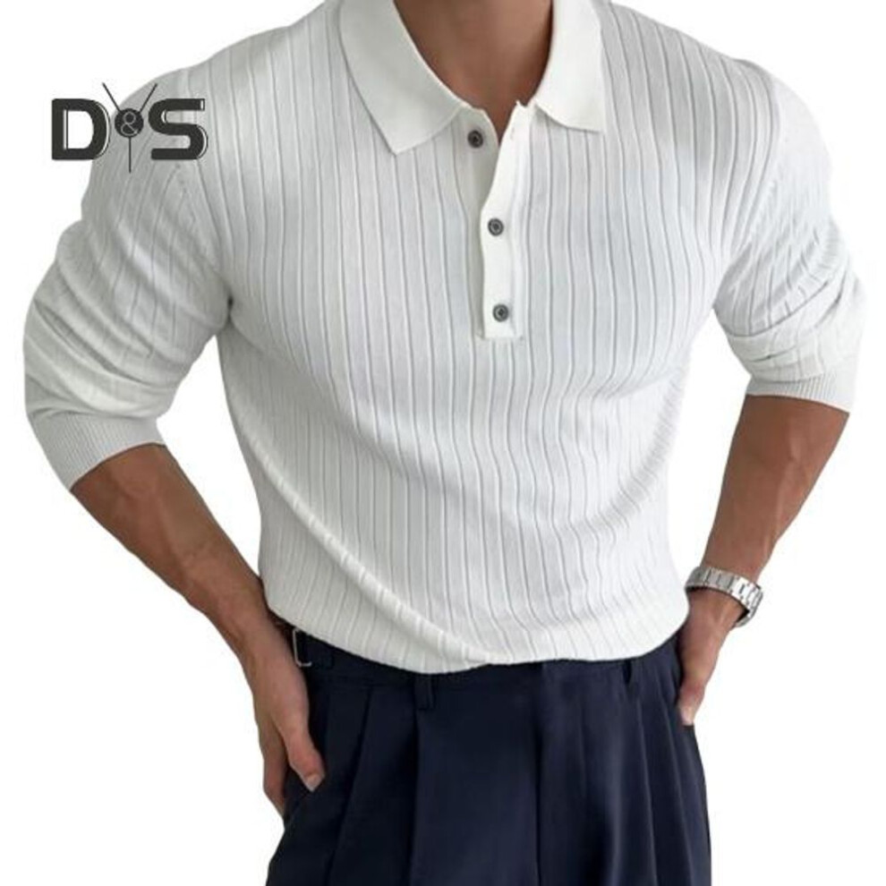 (white, M) Men Spring Fall Top Turn-down Collar Buttons Stripe Texture Knitted Long Sleeves Solid Color Slim Fit Shirt Pullover Daily Wear Dating Clothes
