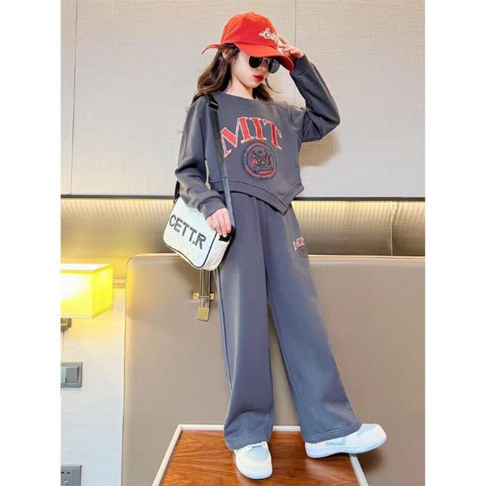 (gray, 150 cm) Girls' Chic Letter Top & Trousers Set - 2024 Spring/autumn Casual Suit