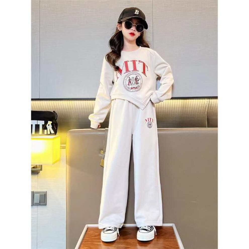 (white, 150 cm) Girls' Chic Letter Top & Trousers Set - 2024 Spring/autumn Casual Suit