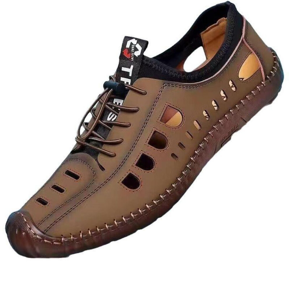 (dark khaki, 42) New Men's Summer Cowhide Sandals – Breathable, Versatile, Hollow Design for Casual Wear