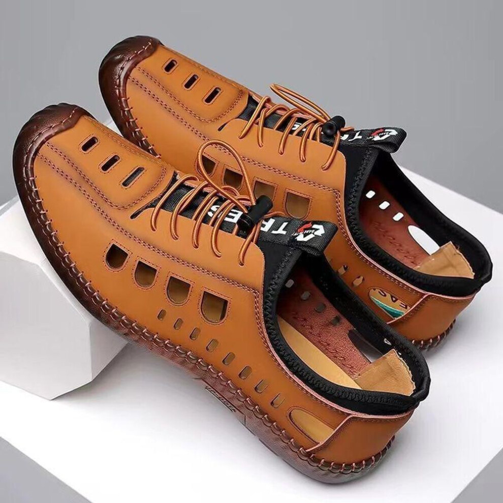 (light brown, 40) New Men's Summer Cowhide Sandals – Breathable, Versatile, Hollow Design For Casual Wear