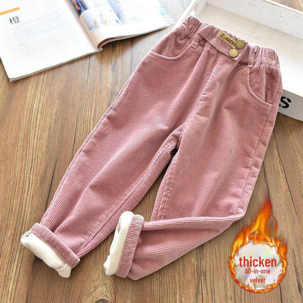 (pink, 90cm) Girls' Thickened Corduroy Pants - Autumn/winter Style, Plush Outerwear, Fleece Lined, One-piece Cotton For Babies And Children.