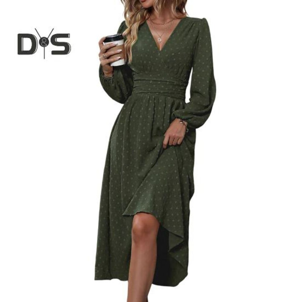 (army green, XL) Women Spring Fall Dress V Neck Slim Waist Long Bubble Sleeves A-line Pleated MId-calf Length Flowy Dress Prom Party Dating Midi Dress