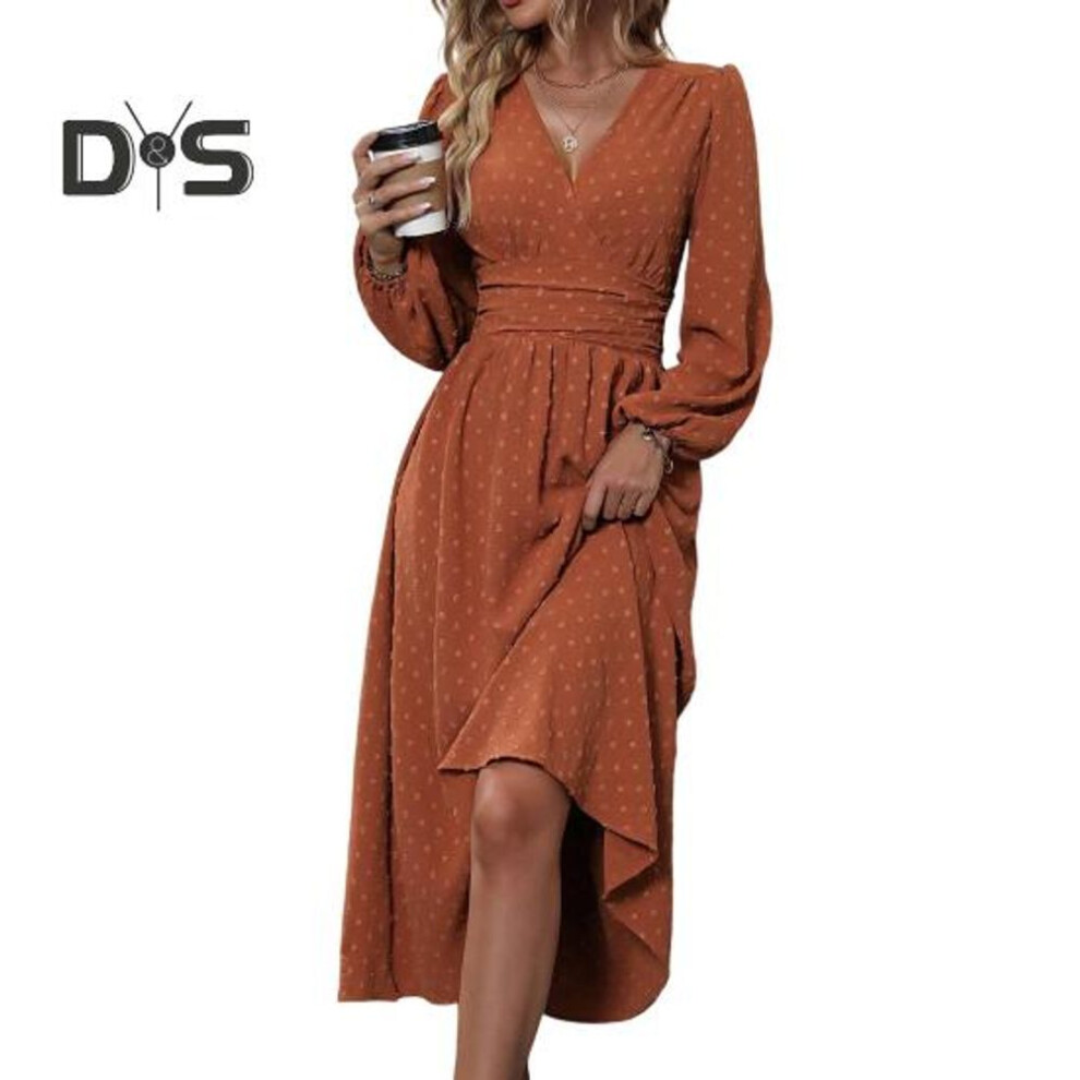 (brick red, XL) Women Spring Fall Dress V Neck Slim Waist Long Bubble Sleeves A-line Pleated MId-calf Length Flowy Dress Prom Party Dating Midi Dress