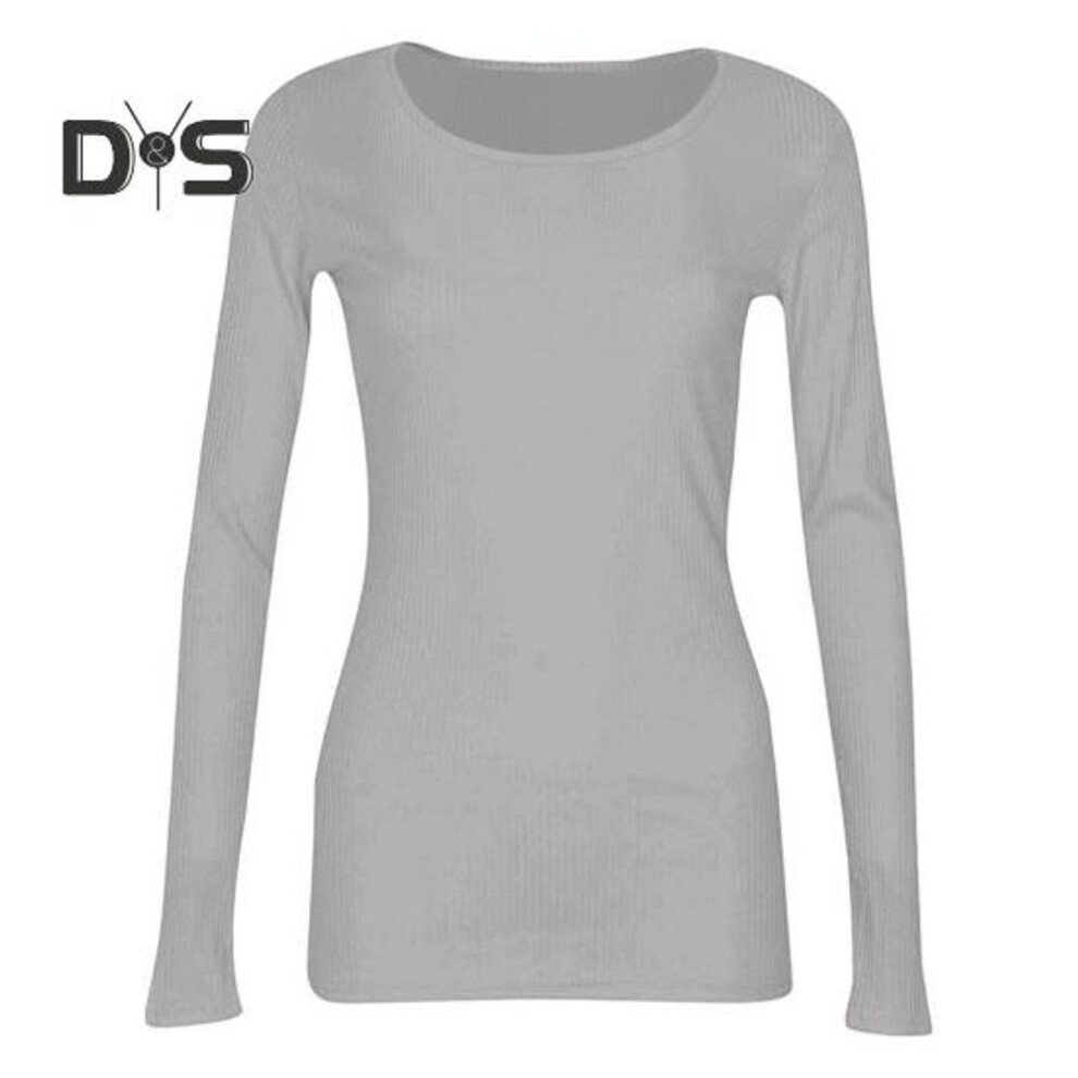 (XXL, light grey) Pullover Tops Women Ribbed Long Sleeve Bottoming Top Regular Fit Lightweight Crew Neck Shirt Daily Wear