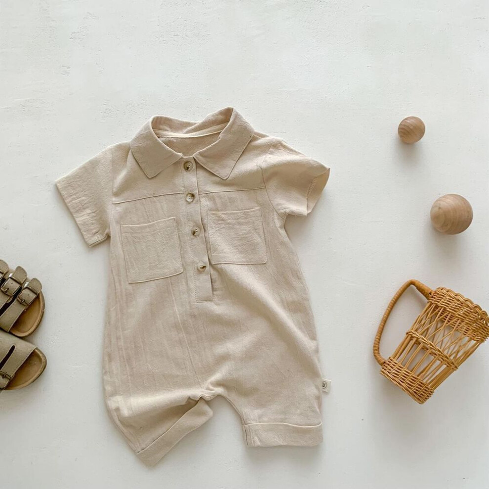 (beige, 90 cm) Korean Style Baby Jumpsuit: Summer Short-sleeved, Button-front, Unisex Newborn Crawling Outfit