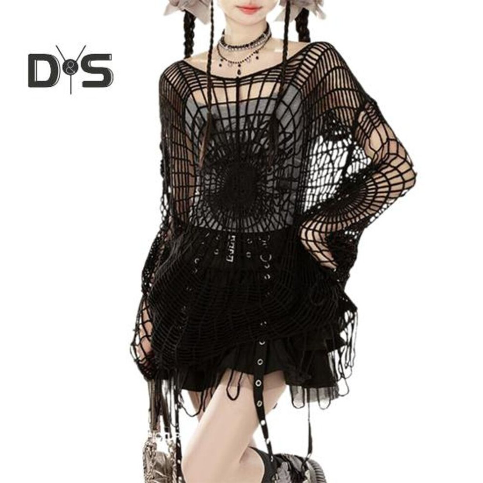 (M, black) Knitted Sweater With Spider Web Design Tassel Hem Hollow Style Solid Color Pullover Tops Loose Fit Hooded Long Sleeve Sweater Coat