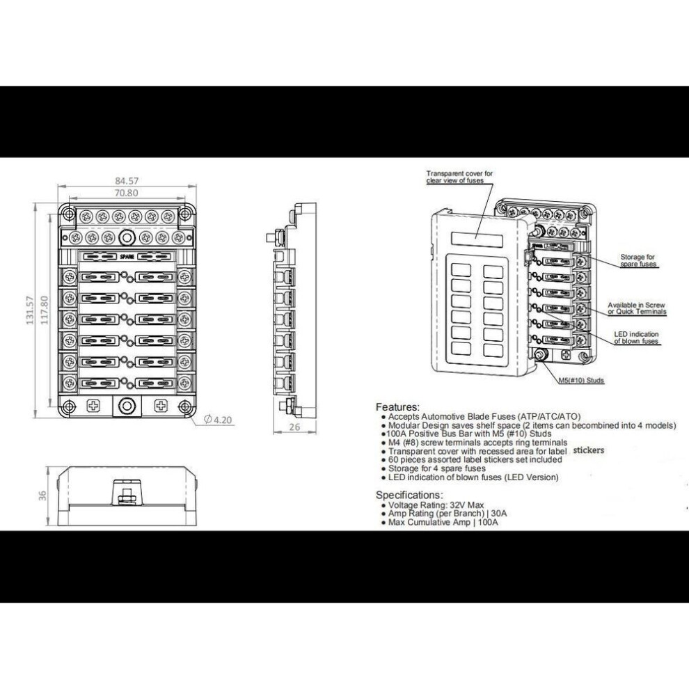 (6-way with 12 fuses) 12-Way Fuse Box with Negative Busbar & LED Indicator - 100A Automotive Holder