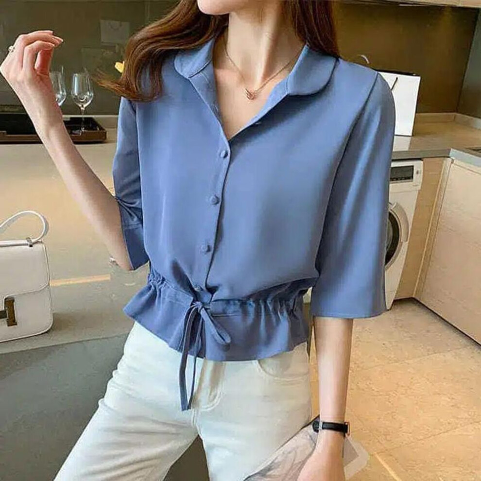 (M, blue) Spring Summer Women's Versatile Solid Color Turn-down Collar Half Sleeve Chiffon Shirts Casual Shirring Single-breasted Blouses