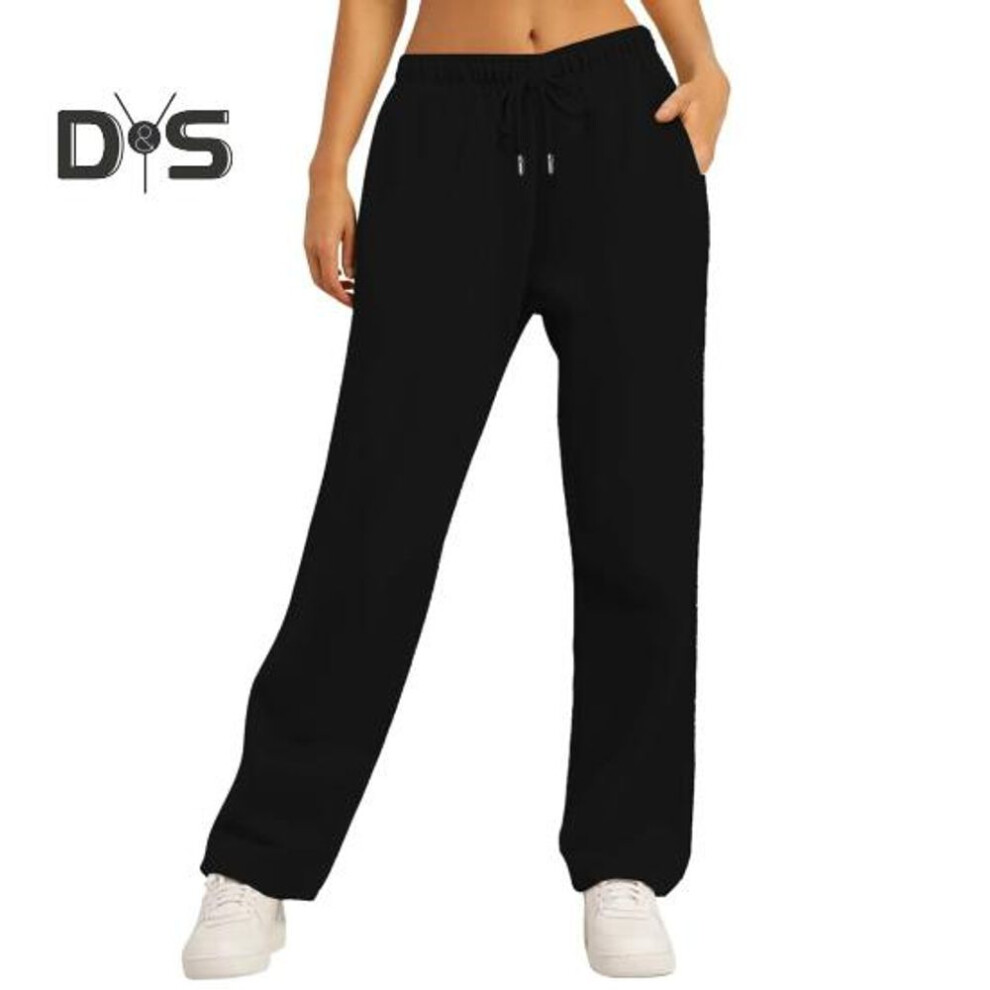 (black, M) High Waisted Women Pants Straight Wide Leg Joggers Pants With Pockets Regular Fit Solid Color Design Sweatpants