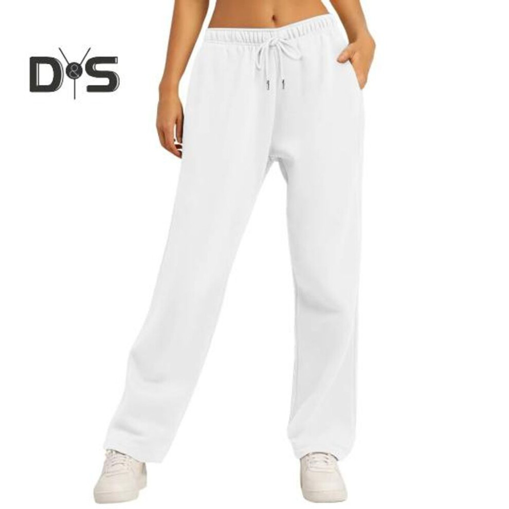 (white, L) High Waisted Women Pants Straight Wide Leg Joggers Pants With Pockets Regular Fit Solid Color Design Sweatpants
