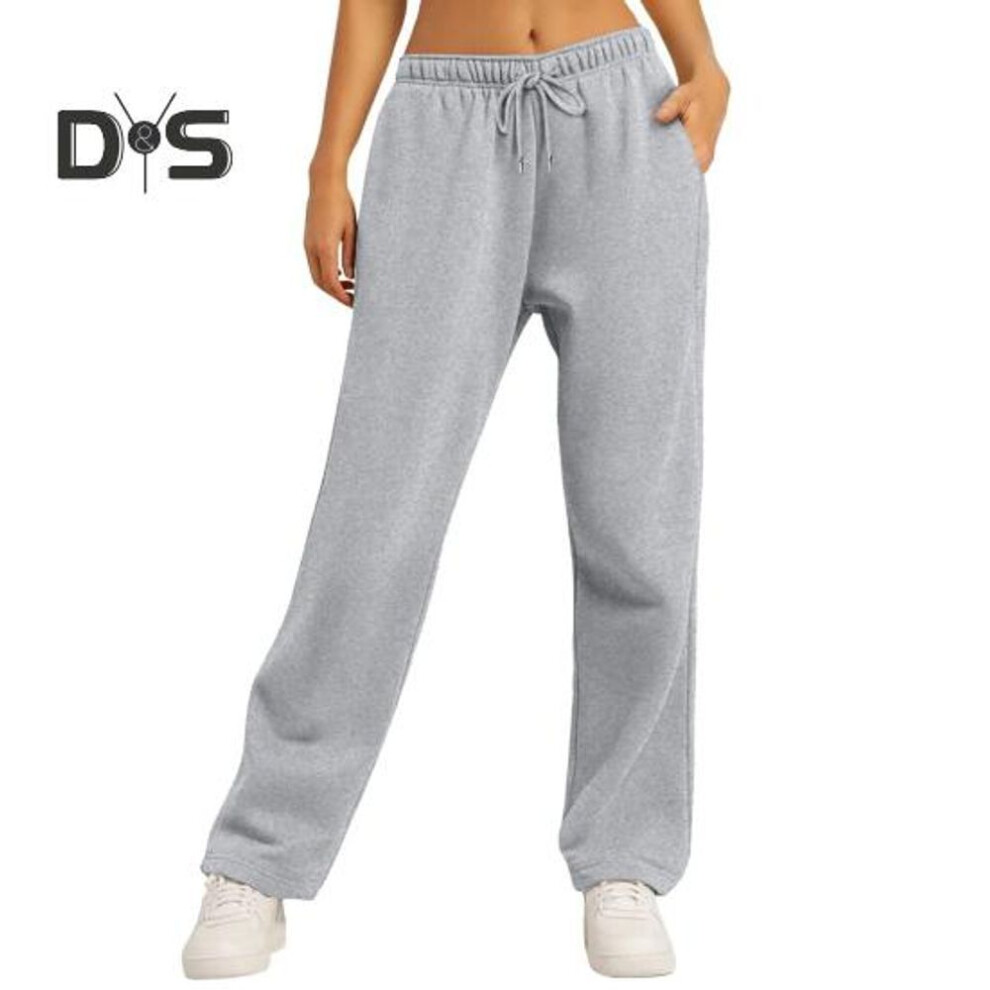 (light grey, M) High Waisted Women Pants Straight Wide Leg Joggers Pants with Pockets Regular Fit Solid Color Design Sweatpants