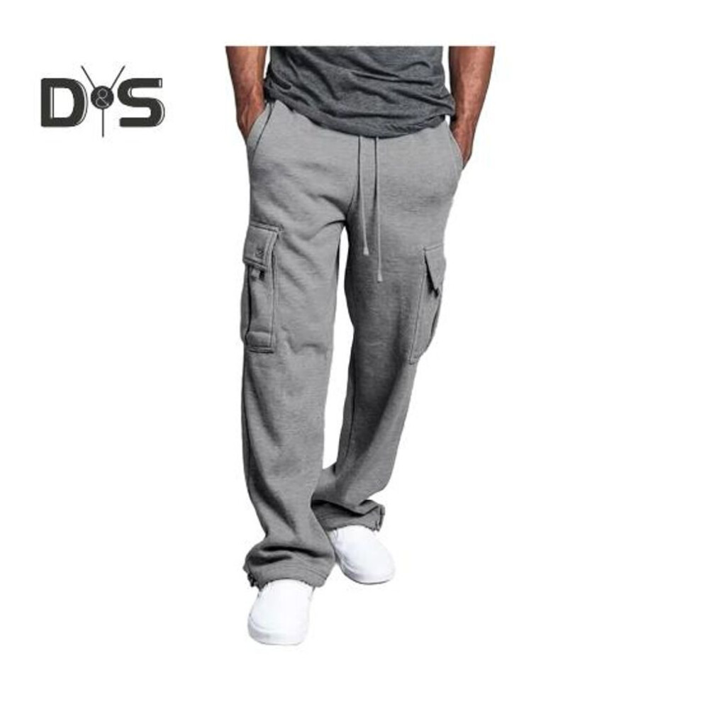 (grey, XXL) Men Spring Fall Pants With Multi Pockets Drawstring Elastic Waist Wide Leg Plus Size Sweatpants Stretchy Slacks Solid Color Loose Street Style Sport