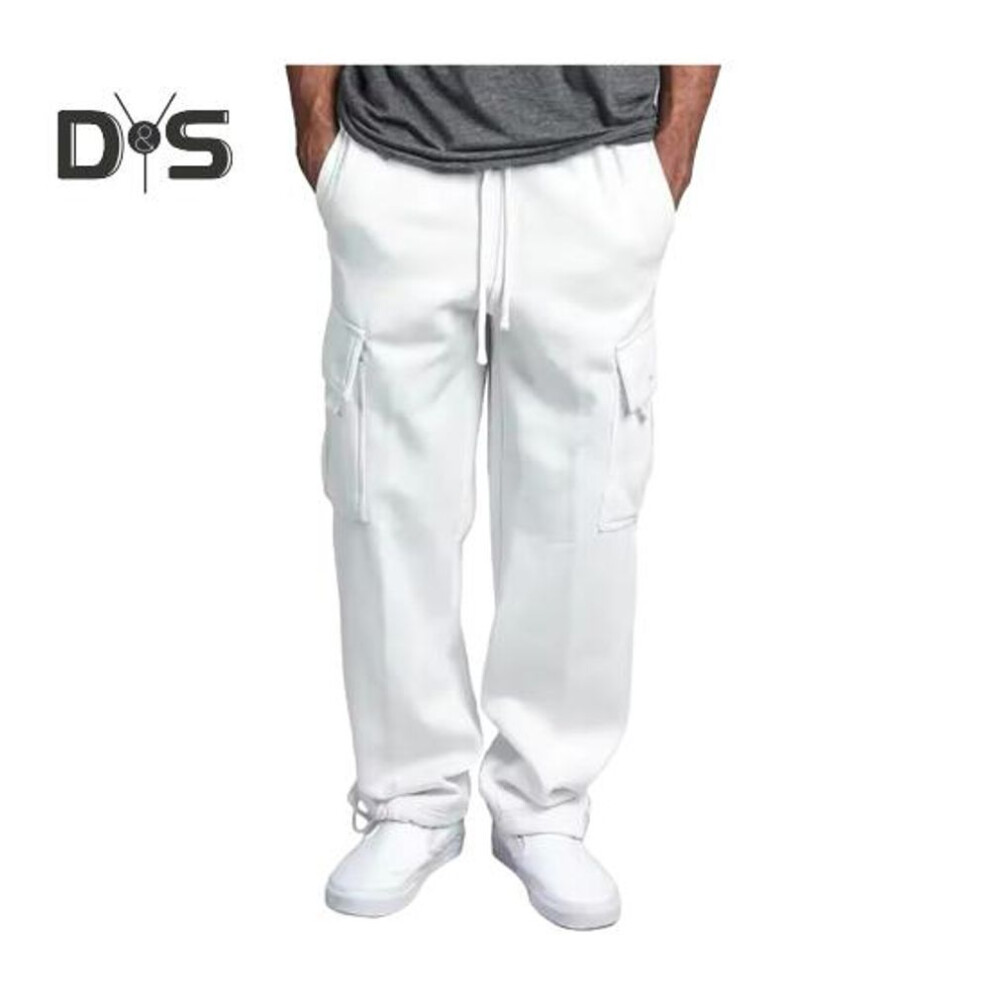 (white, XL) Men Spring Fall Pants With Multi Pockets Drawstring Elastic Waist Wide Leg Plus Size Sweatpants Stretchy Slacks Solid Color Loose Street Style Sport