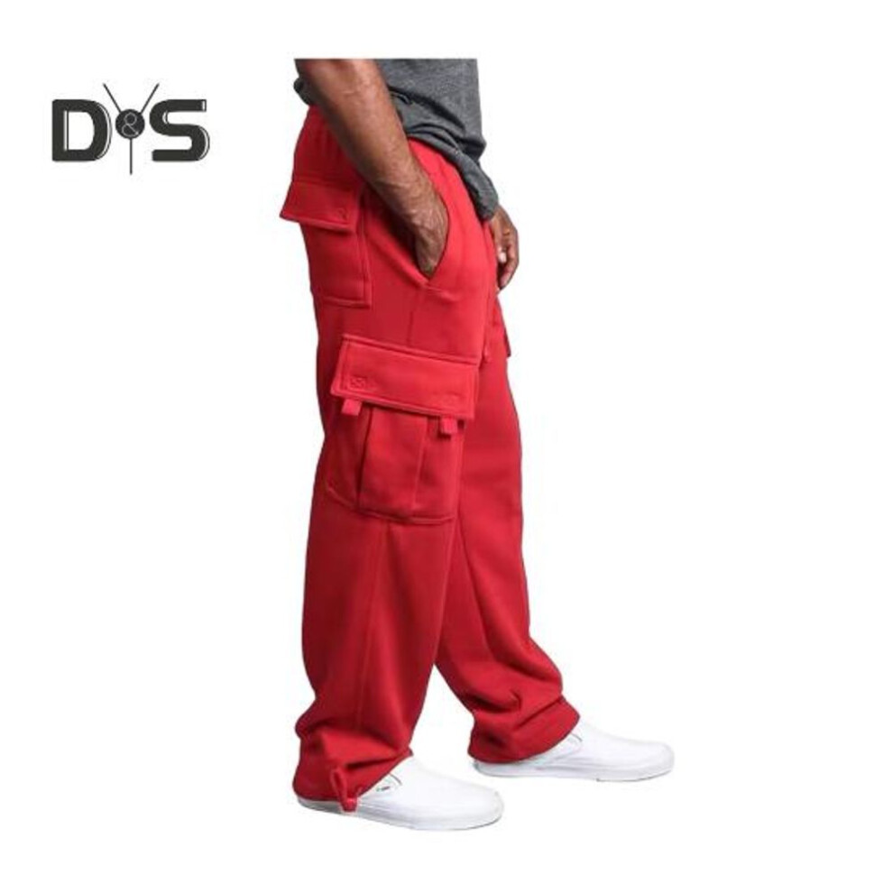 (red, L) Men Spring Fall Pants With Multi Pockets Drawstring Elastic Waist Wide Leg Plus Size Sweatpants Stretchy Slacks Solid Color Loose Street Style Sport