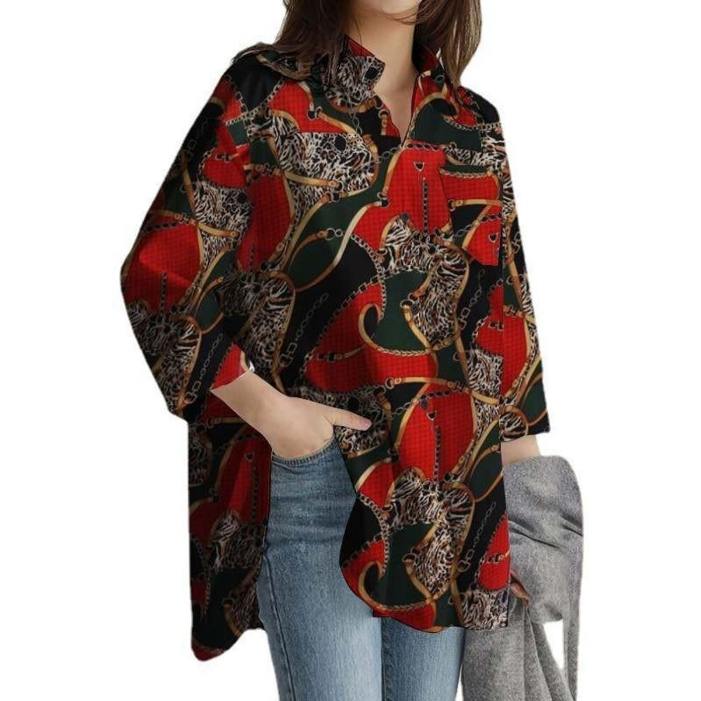 (L, red) 2024 Spring Fashion: European & American Long-Sleeve Printed Lapel Tops for Office Ladies