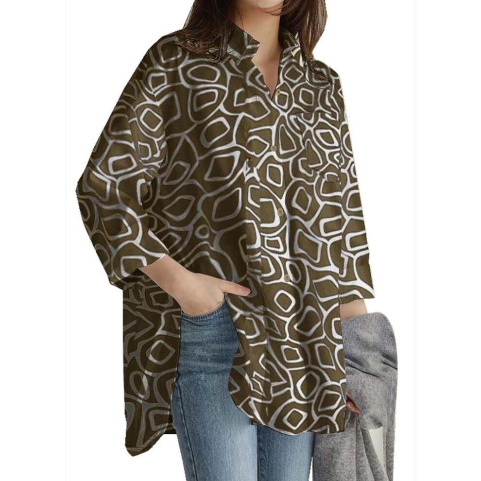 (XL, khaki) 2024 Spring Fashion: European & American Long-Sleeve Printed Lapel Tops for Office Ladies