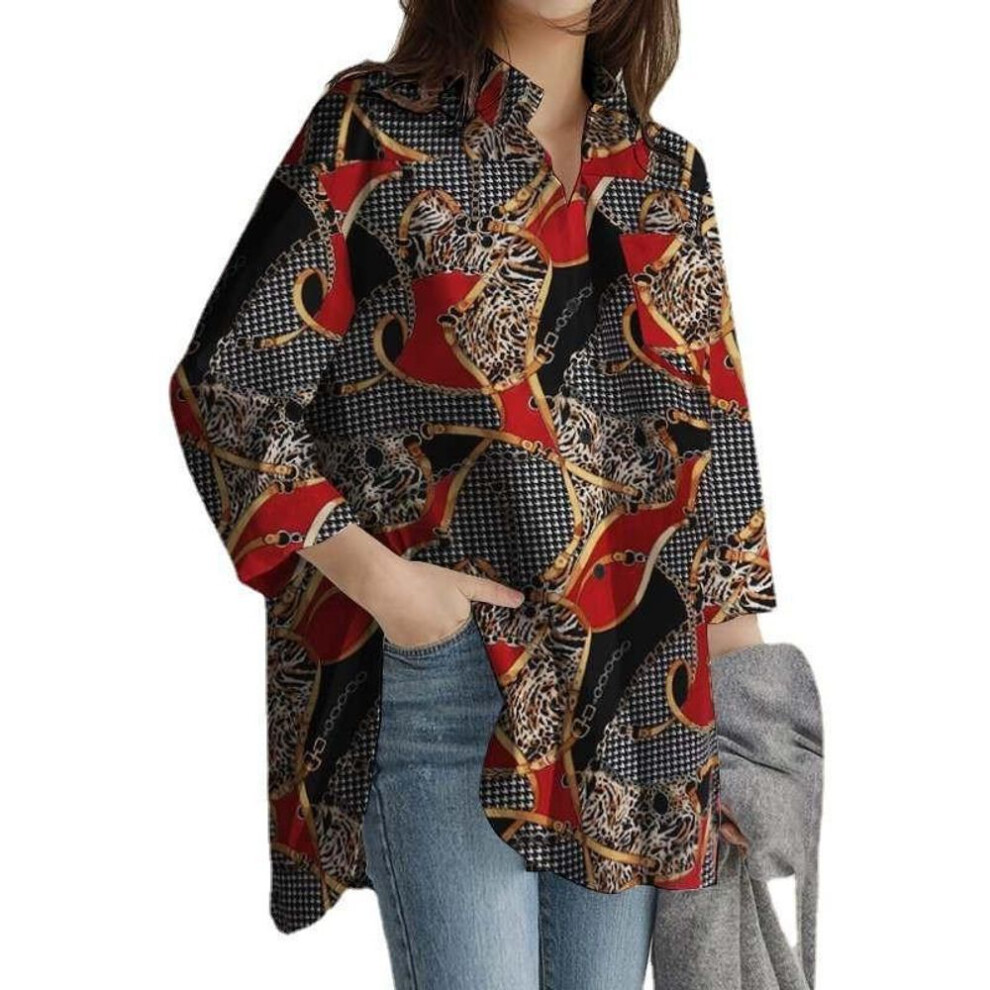 (4XL, grey) 2024 Spring Fashion: European & American Long-Sleeve Printed Lapel Tops for Office Ladies