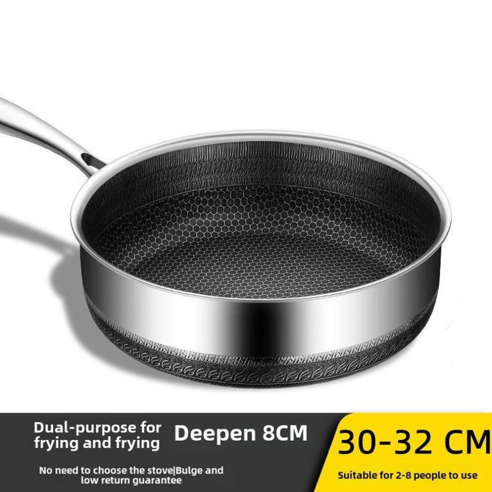(as the picture, 8cm deep, 32cm, without lid) Household Deepened Non-Stick 316 Stainless Steel Honeycomb Frying Pan, Compatible with All Stovetops