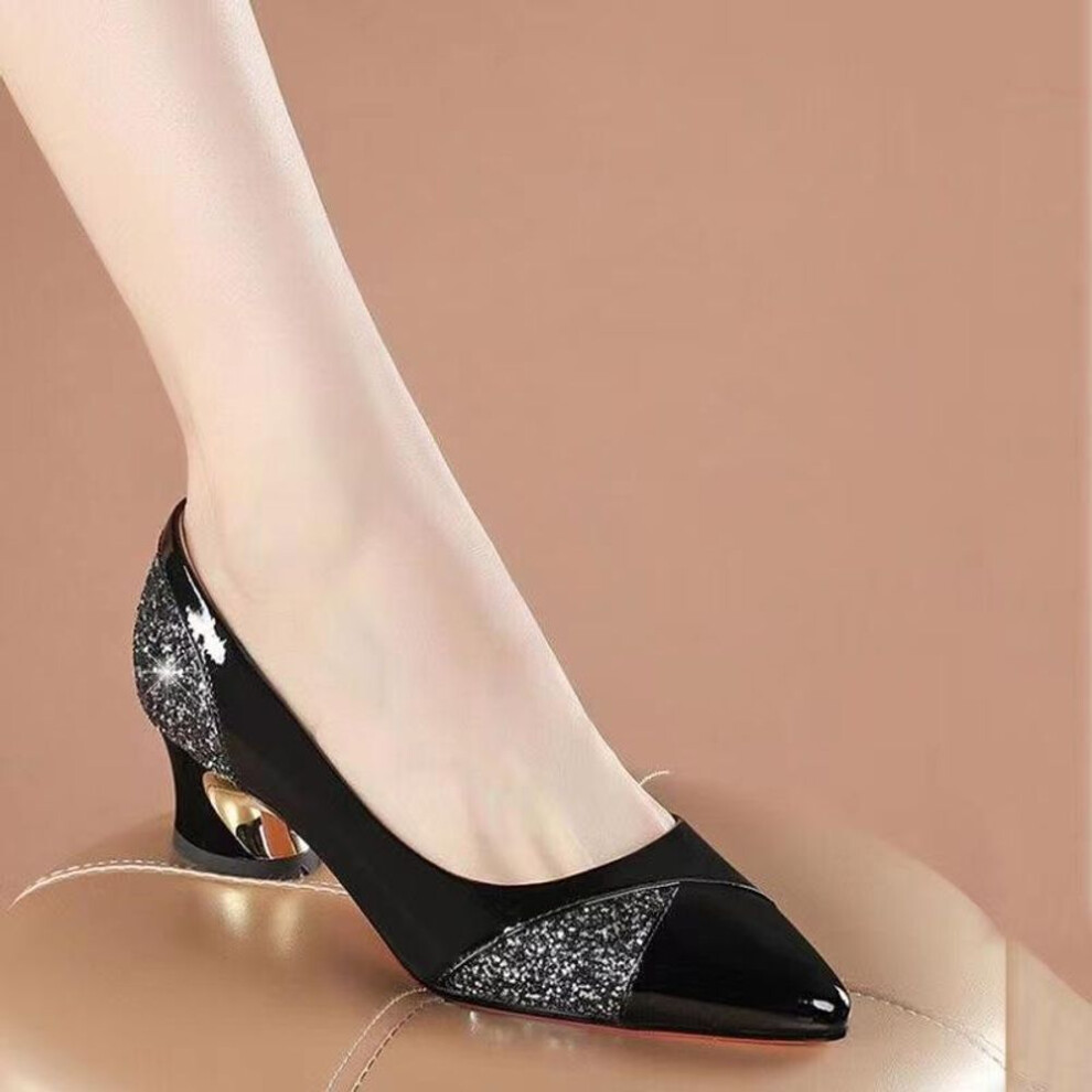 (black, 37) Women's Luxury Shoes Elegant Middle Heels Party PU Leather Pointed Pumps Ladies Wedding Shoes Bride Summer Work Soft Sole