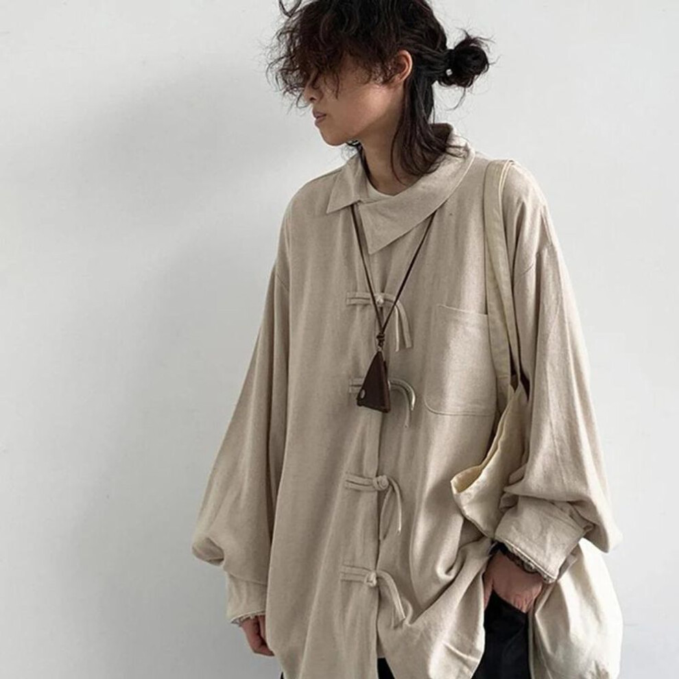 (L, apricot) Cityboy Spring Autumn Retro Chinese Style Tang Dress Shirt Women Cotton and Hemp Loose Plate Buckle Slant Collar Shirt Coat