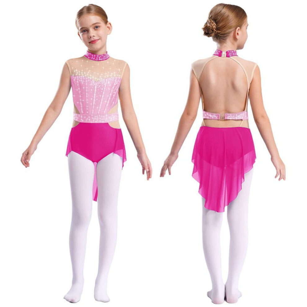 (pink,hot pink, 11-12 Years) Kids Girls Ballet Gymnastics Dress Rhinestones Mesh Skirted Leotard Figure Ice Skating Jersey Lyrical Dance Performance Costume