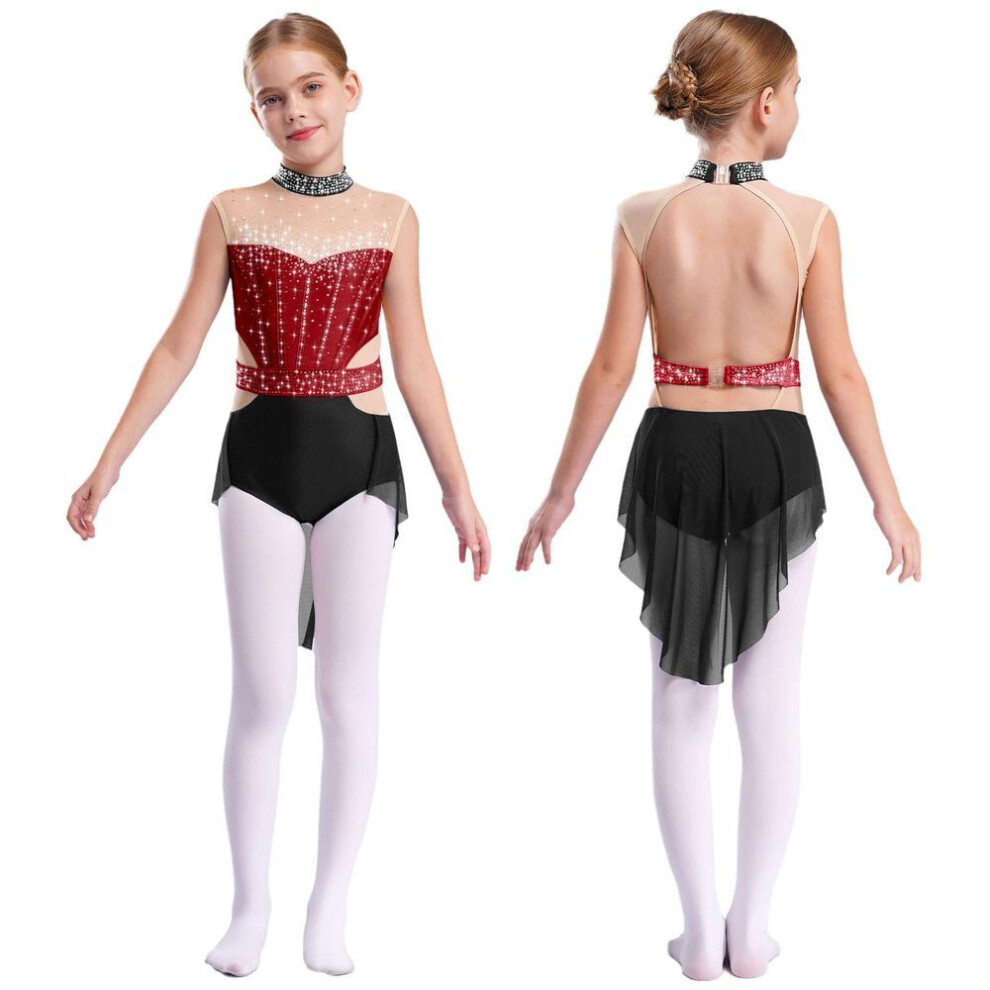 (burgundy,black, 11-12 Years) Kids Girls Ballet Gymnastics Dress Rhinestones Mesh Skirted Leotard Figure Ice Skating Jersey Lyrical Dance Performance Costume