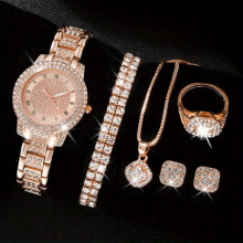 (rose gold) 6 Pcs/Set Women's Watches, Luxury Rhinestone Quartz Watch, Roman Fashion Analog Watch and Jewelry Set, Gift for Mom and Her
