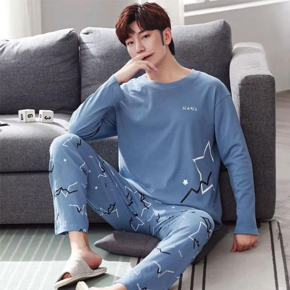 (L, blue) Men's Pajamas Two-piece Men's Spring New Round Neck, Long-sleeved Trousers Refreshing Imitation Cotton Pajamas Homewear Set