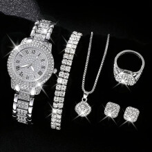 (silver) 6 Pcs/Set Women's Watches, Luxury Rhinestone Quartz Watch, Roman Fashion Analog Watch and Jewelry Set, Gift for Mom and Her