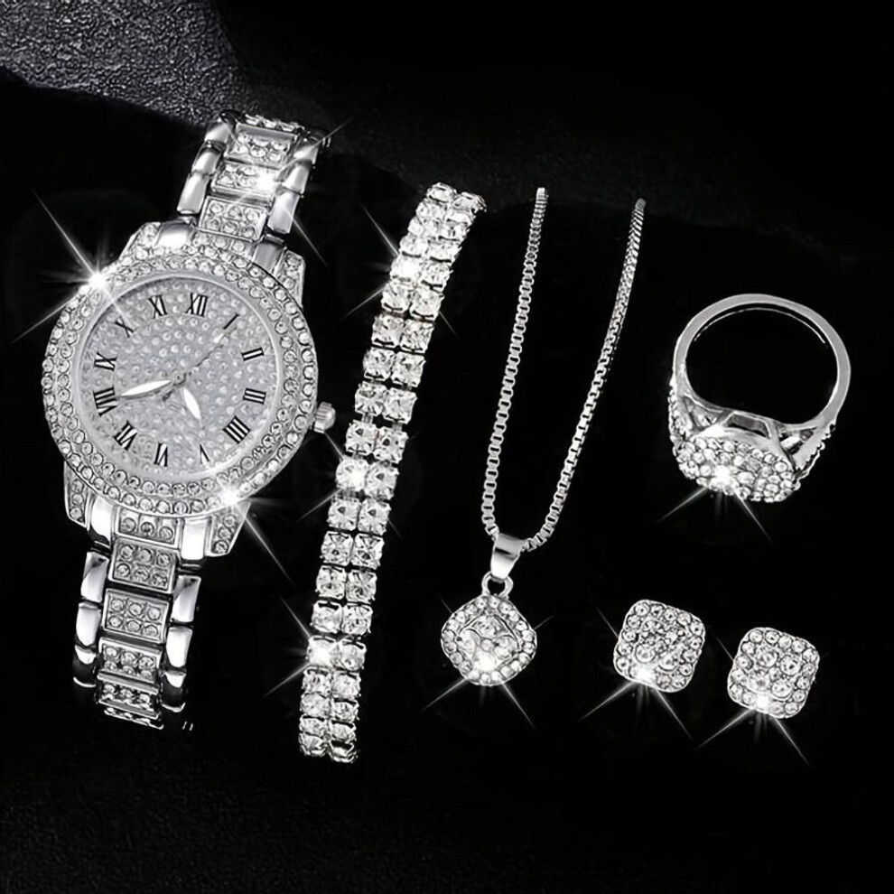 (silver) 6 Pcs/set Women's Watches, Luxury Rhinestone Quartz Watch, Roman Fashion Analog Watch And Jewelry Set, Gift For Mom And Her