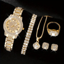 (gold) 6 Pcs/Set Women's Watches, Luxury Rhinestone Quartz Watch, Roman Fashion Analog Watch and Jewelry Set, Gift for Mom and Her