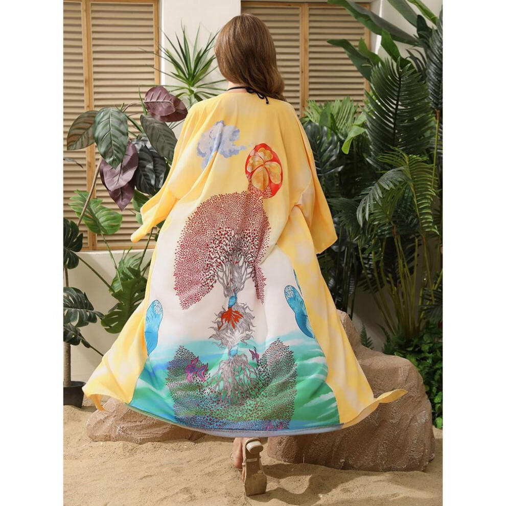 (One Size, yellow) European & American Style Women's Printed Sun Protection Cardigan: Beach Bikini Cover-up & Holiday Jacket