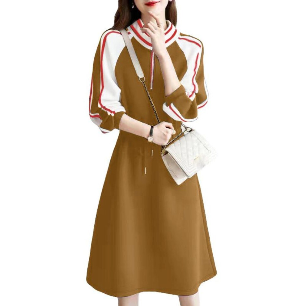 (brown, XL) Zanzea Women Casual Stand Collar Long Sleeve Loose Patchwork Dress