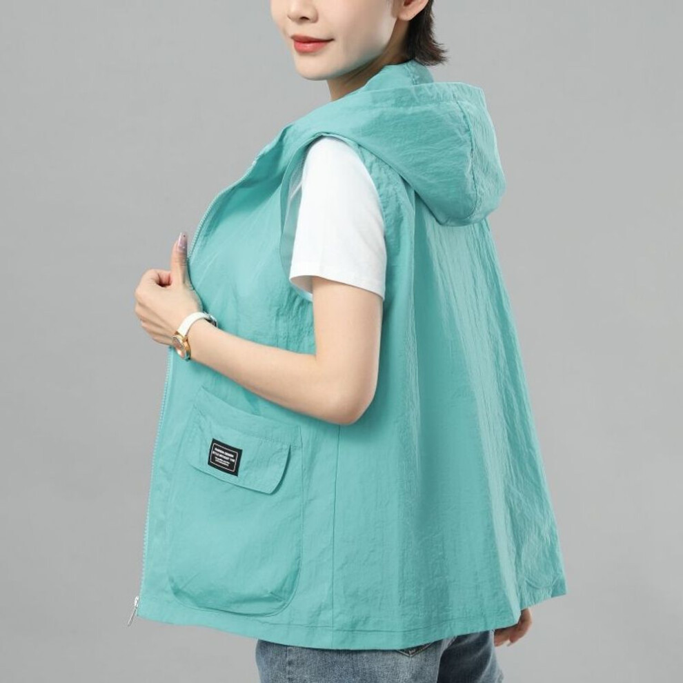 (blue, XXXXL) Women Hooded Sun-Proof Vest Spring Summer Casual Sleeveless Female Thin Waistcoat Short Jackets Ladies Tops Outerwear