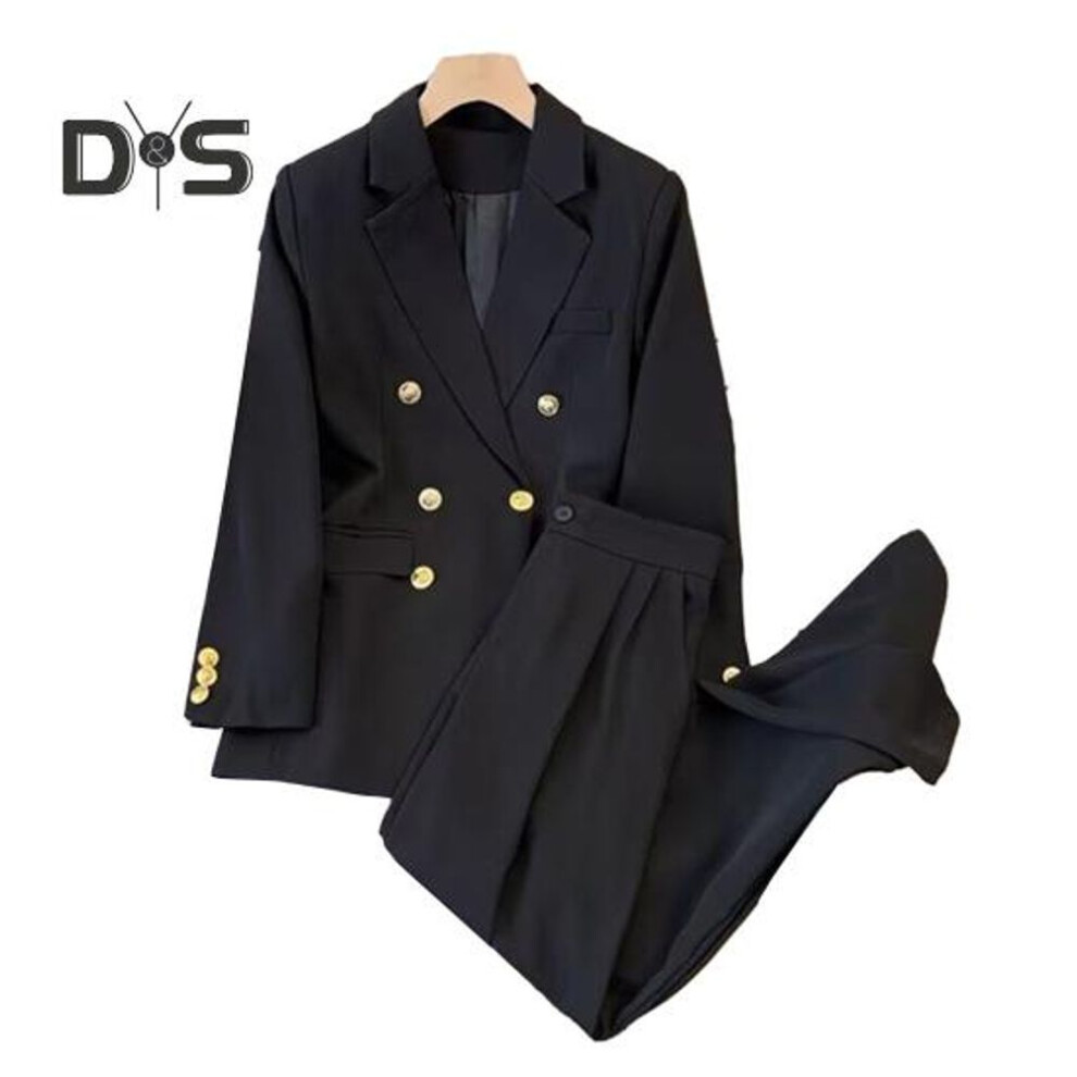(black, 3XL) 2 Pcs/Set Women Blazer Pants Set Formal Business OL Commuting Style Straight Solid Color Double-breasted Wide Leg Long Sleeve High Waist Lady Coat