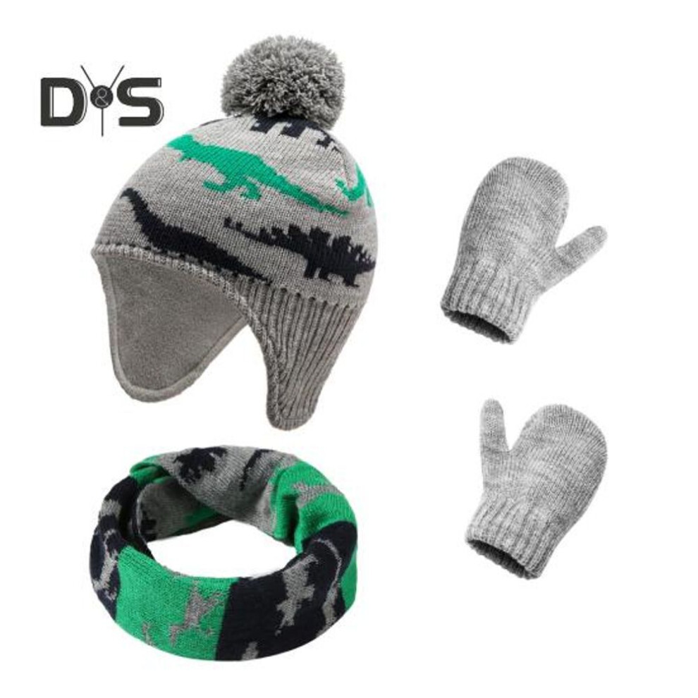 (dark gray) 3 Pcs/Set Children Hat Neck Warp Gloves Set Thickened Printing Knitted Anti-slip Heat Retention Windproof Keep Warm Girls Boys Outdoor Scarf Gloves
