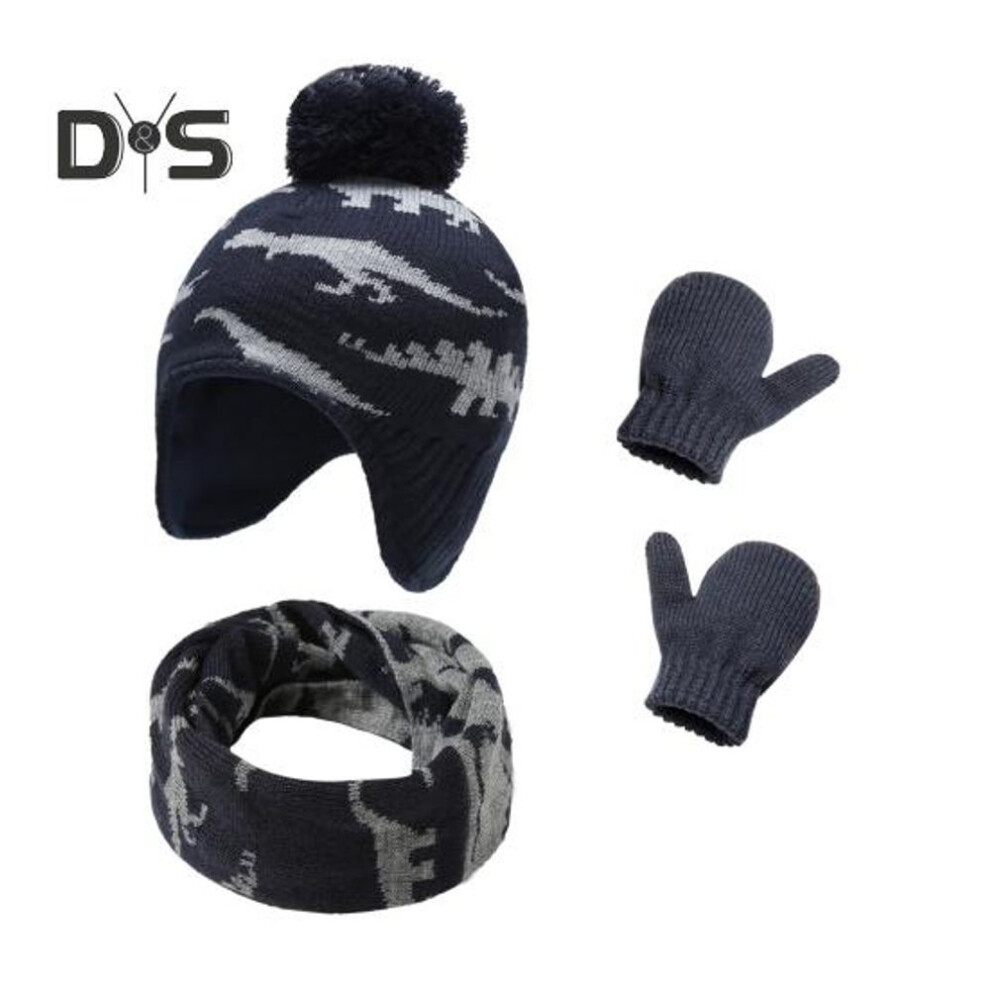 (grey) 3 Pcs/Set Children Hat Neck Warp Gloves Set Thickened Printing Knitted Anti-slip Heat Retention Windproof Keep Warm Girls Boys Outdoor Scarf Gloves