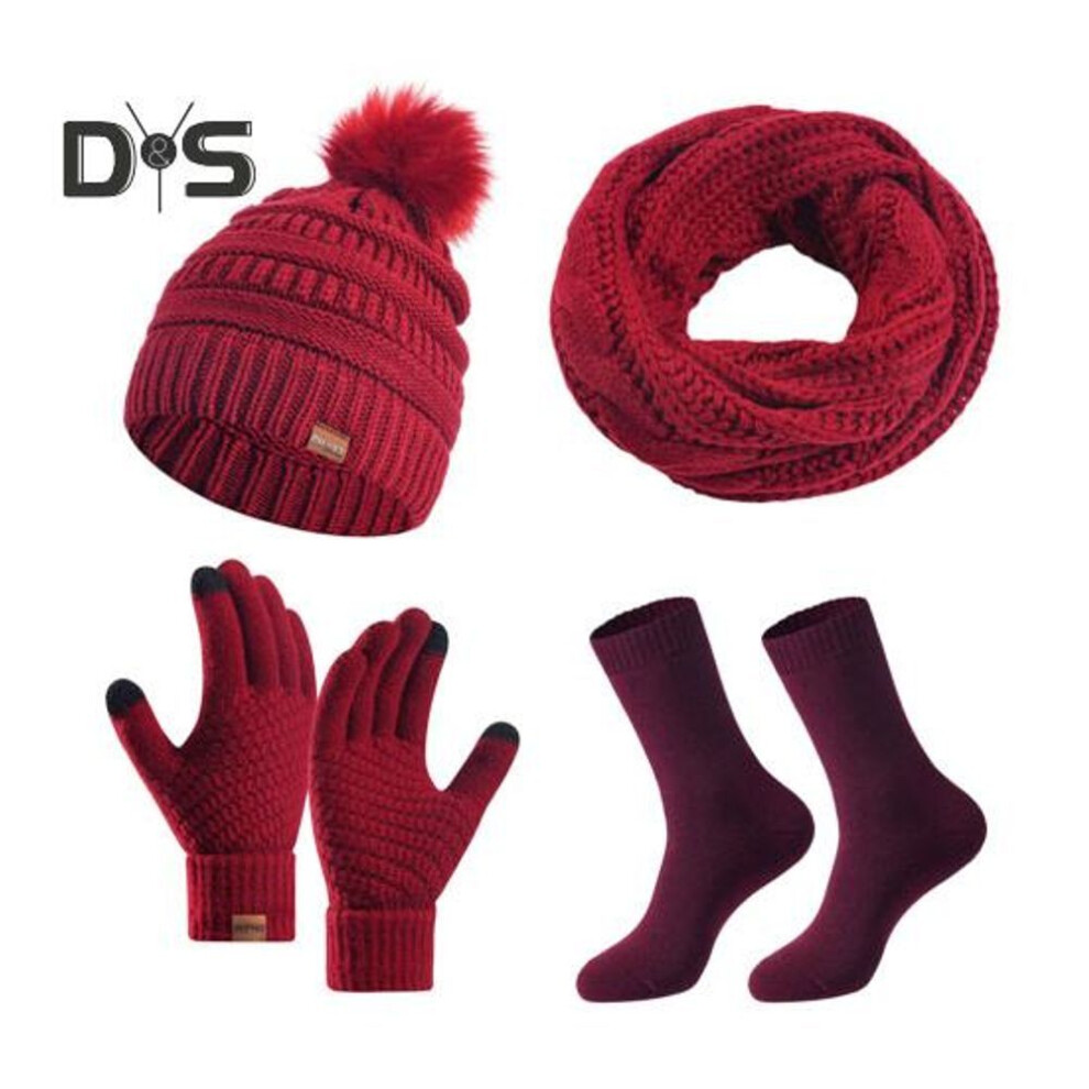 (wine red) 4 Pcs/Set Women Winter Hat Scarf Gloves Socks Set Thick Plush Knitted Warm Cap Touch Screen Gloves Elastic Ear Protection Windproof Winter Outdoor