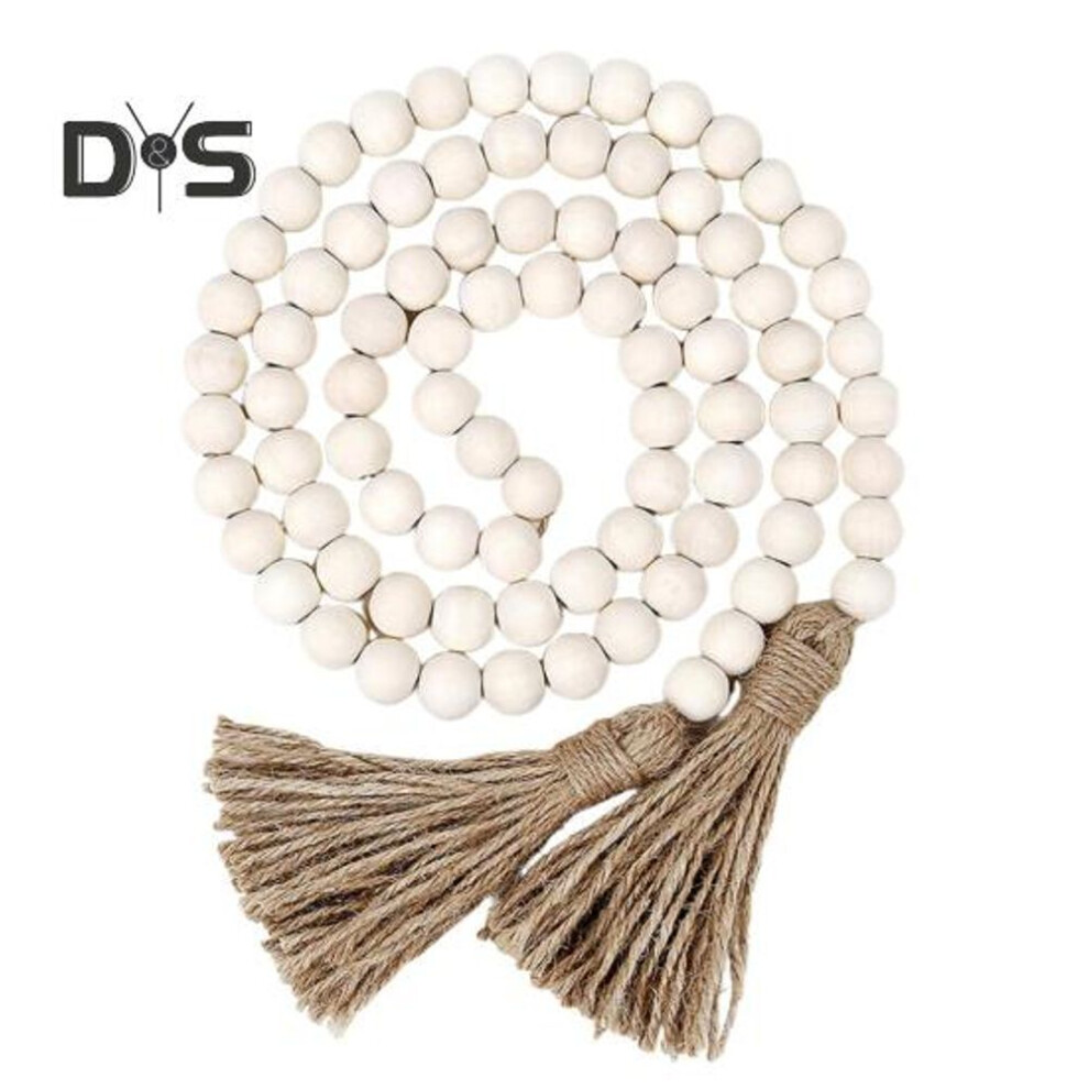(beige, A) Wood Bead Garland Farmhouse Wall Hanging Decoration Diy Rustic Tassel Boho Bead String Ornament For Plant Pots Candle Holders