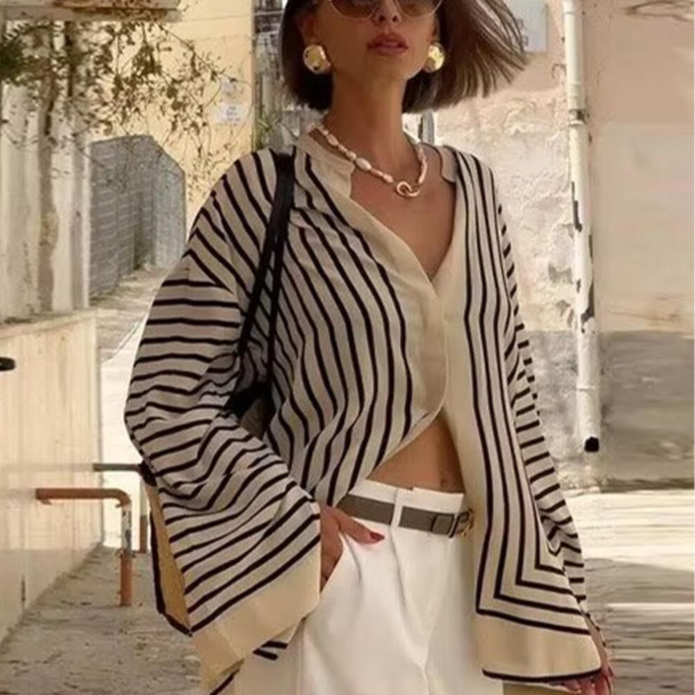 (L, as the picture) Casual Striped Silk Shirts Women Loose O-neck Single Breasted Long Flare Sleeve Shirt Blouse Female Autumn Lady Tops