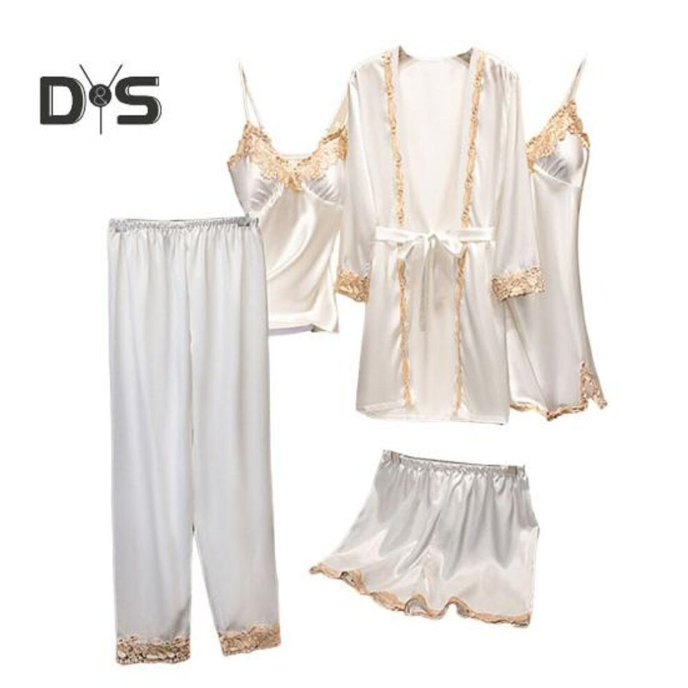 (L, white) 5 Pcs/Set Women Pajamas Set Nightgown Nightdress Top Shorts Pants Set Silky Satin Lace Patchwork Loose Lace-up Waist Thin Women Homewear Set