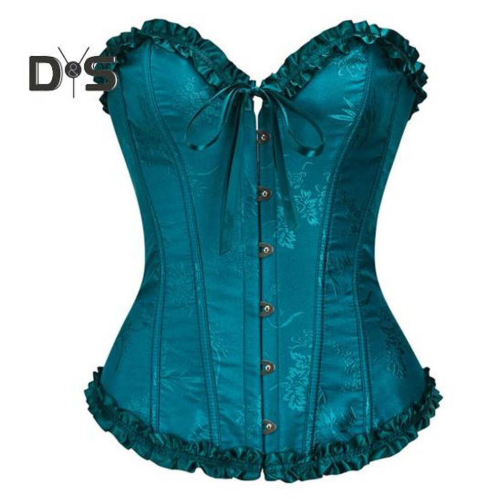 (lake blue, S) Women Corset Top Shapewear Waist Cincher Gothic Overbust Strapless Bra Ruffle Trim Lace-up Boned Bustier