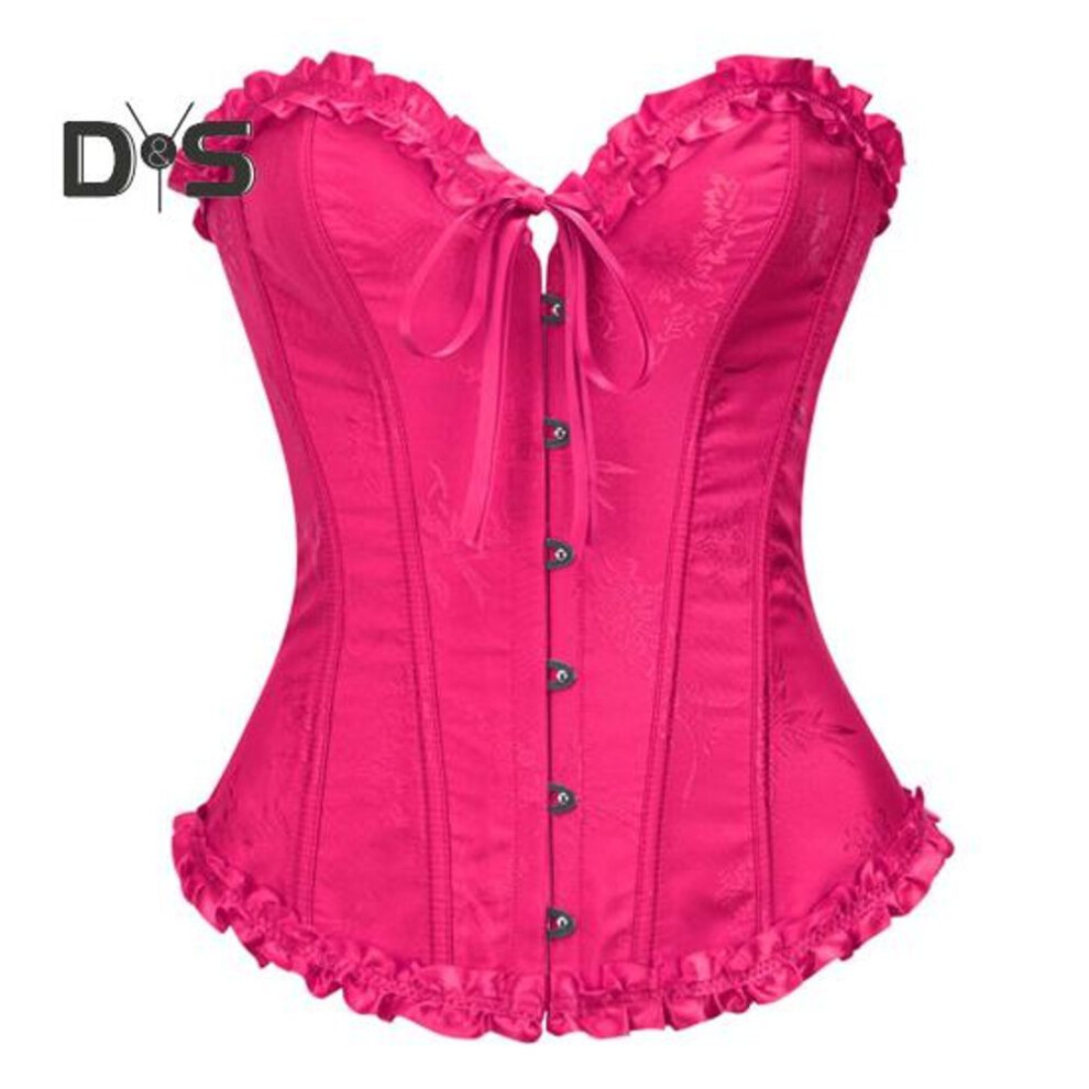 (rose red, S) Women Corset Top Shapewear Waist Cincher Gothic Overbust Strapless Bra Ruffle Trim Lace-up Boned Bustier